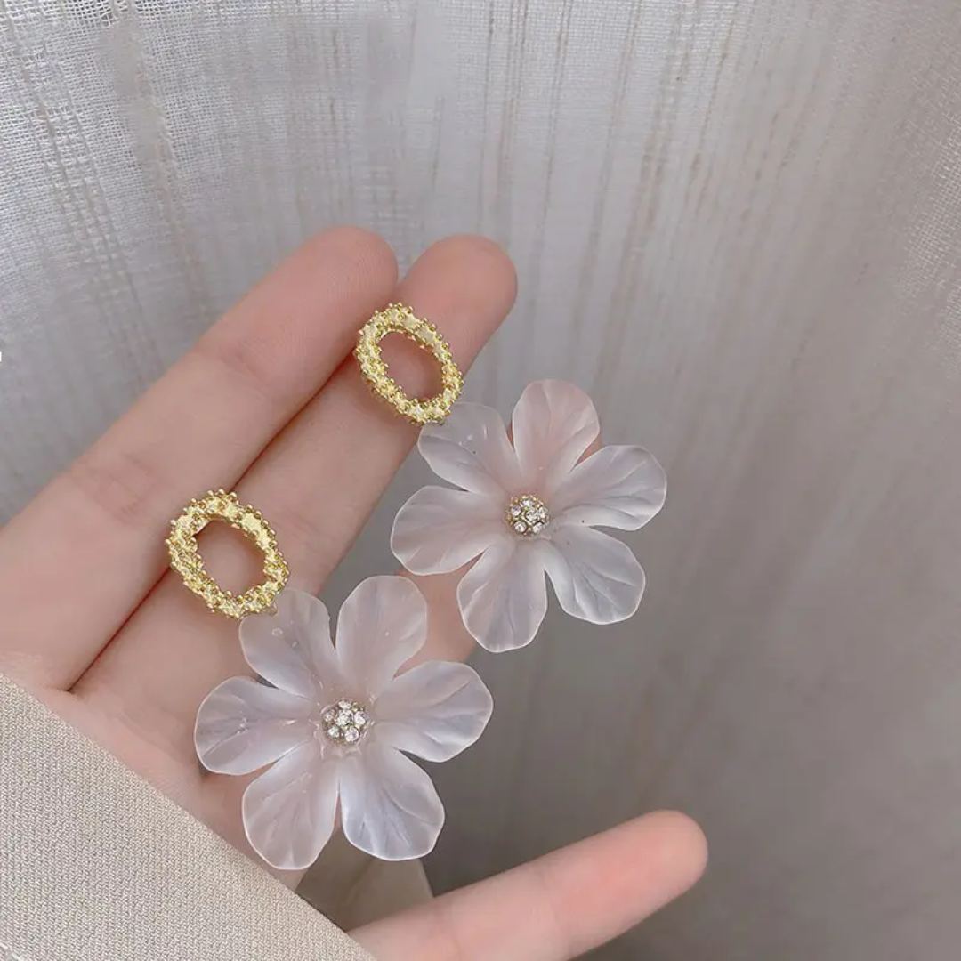 White Flower Petal Korean Dangle Earrings