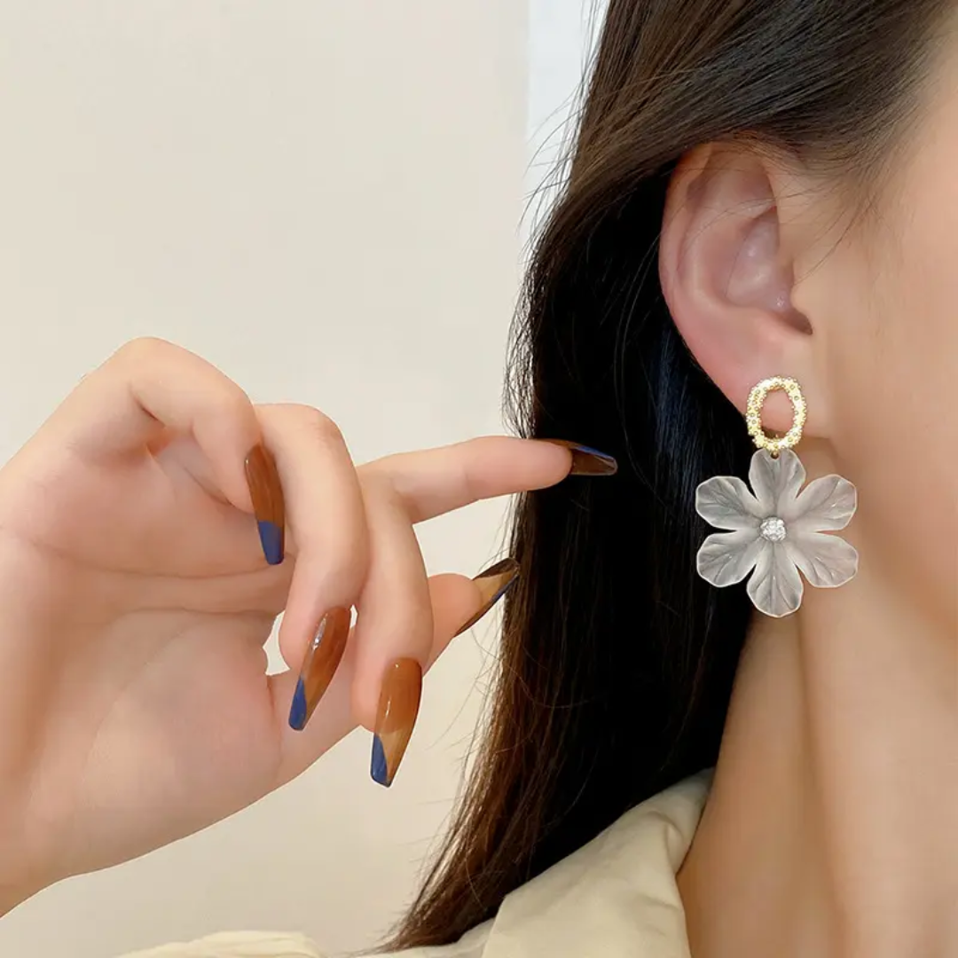 White Flower Petal Korean Dangle Earrings