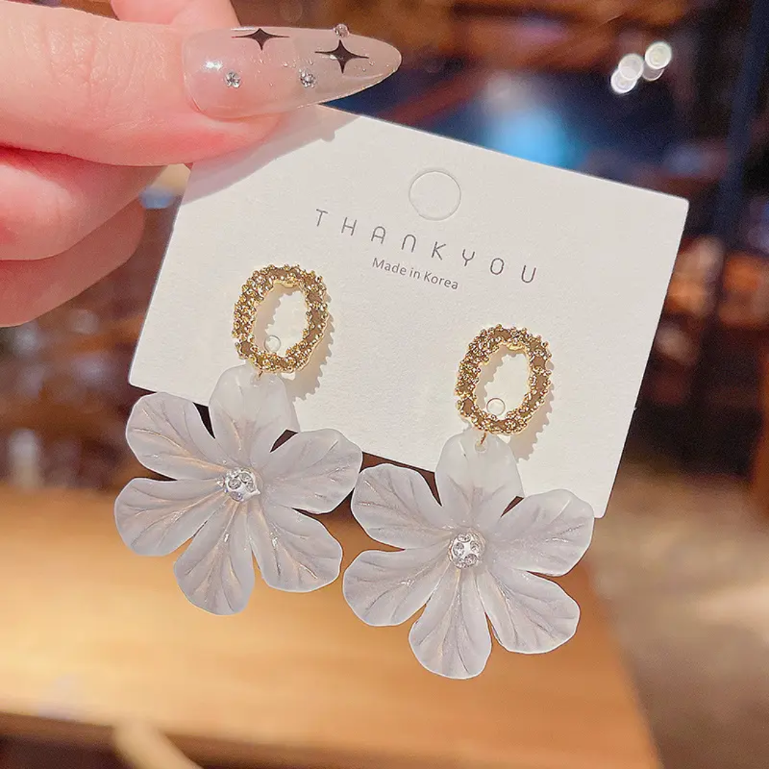 White Flower Petal Korean Dangle Earrings