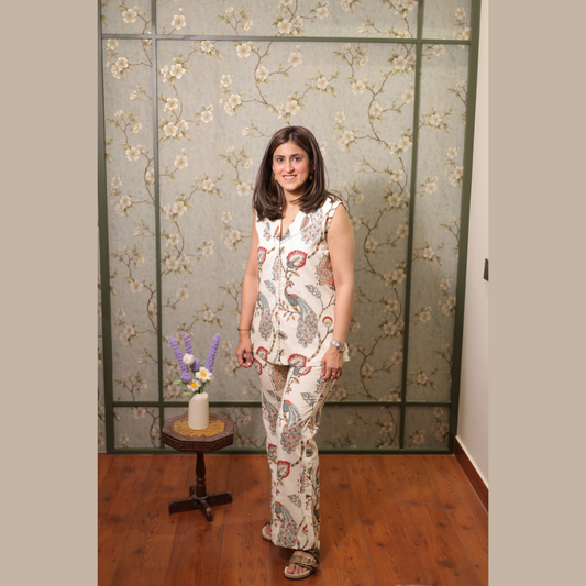 White Cotton Printed Sleeveless Co-Ord Set