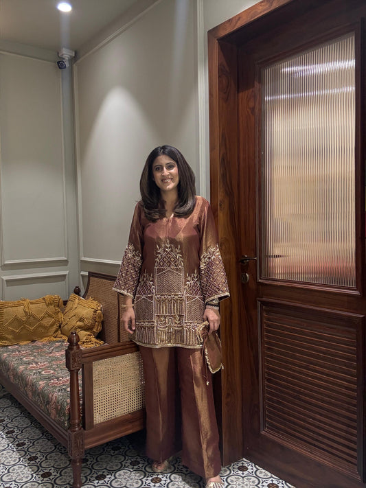 Brown tissue hand embroidered co-ord set