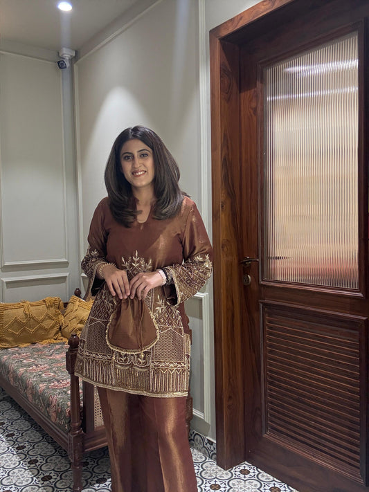 Brown tissue hand embroidered co-ord set