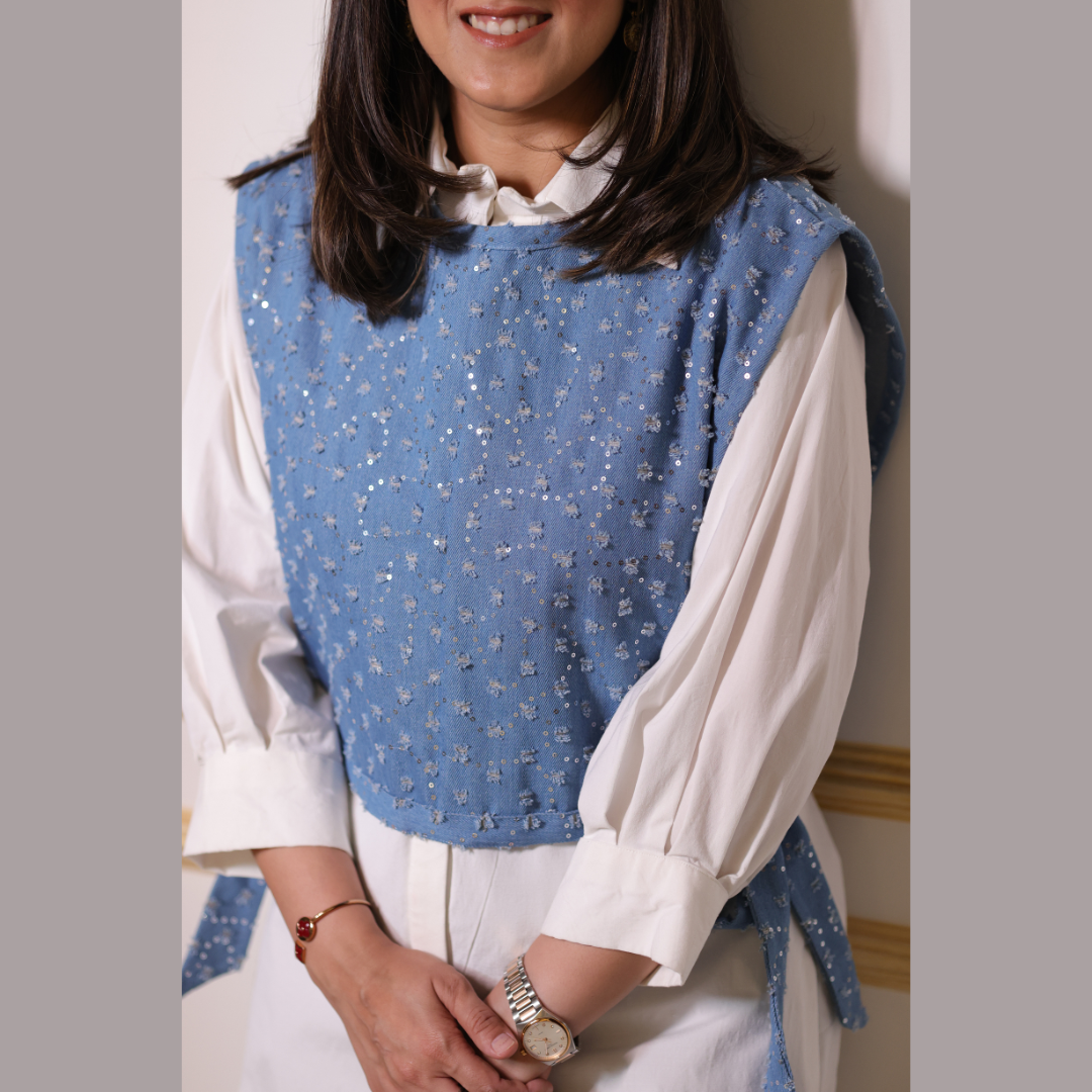 Embellished Denim Waist Jacket with White