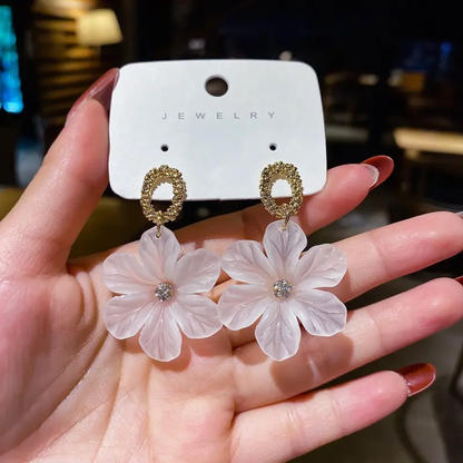 White Flower Petal Korean Dangle Earrings