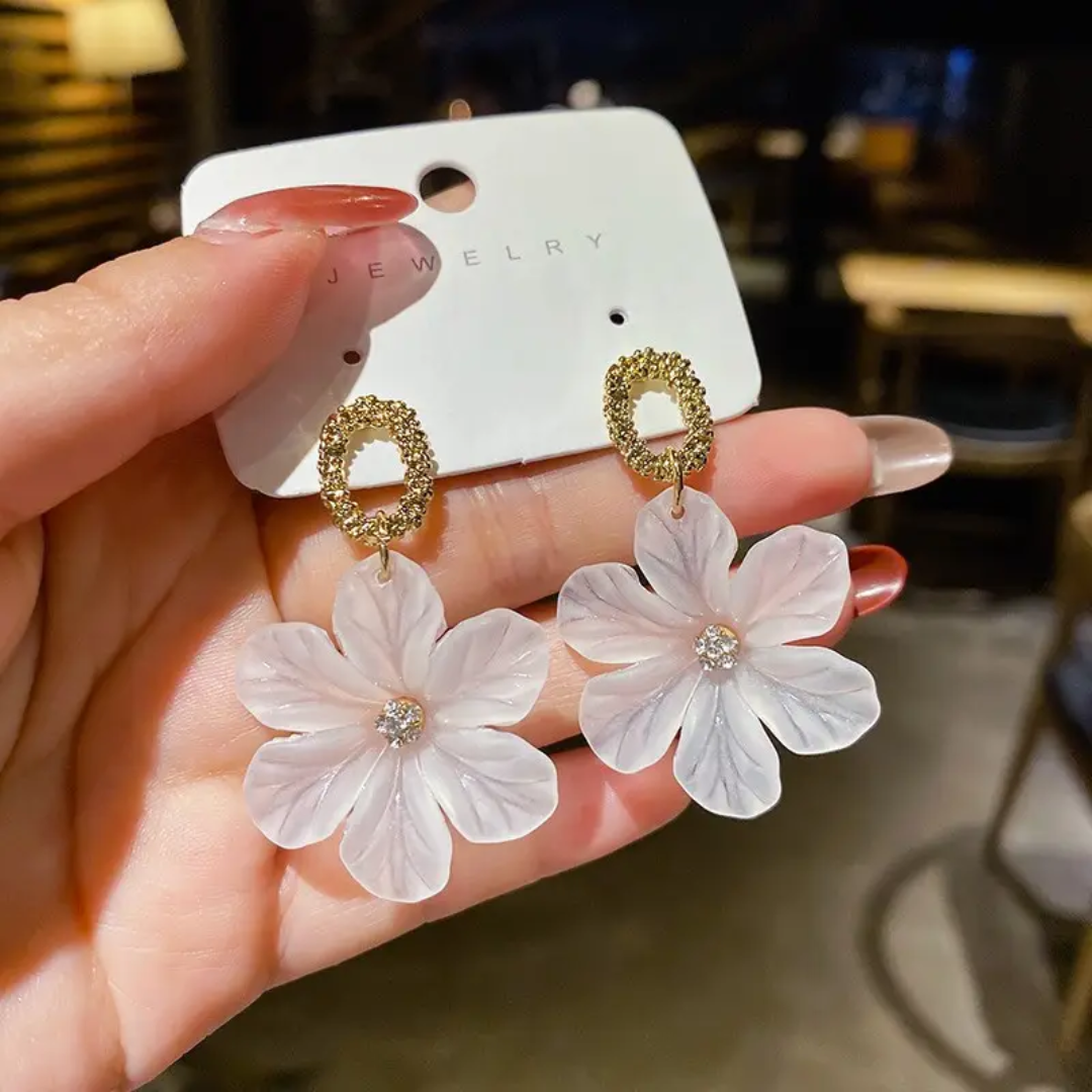 White Flower Petal Korean Dangle Earrings