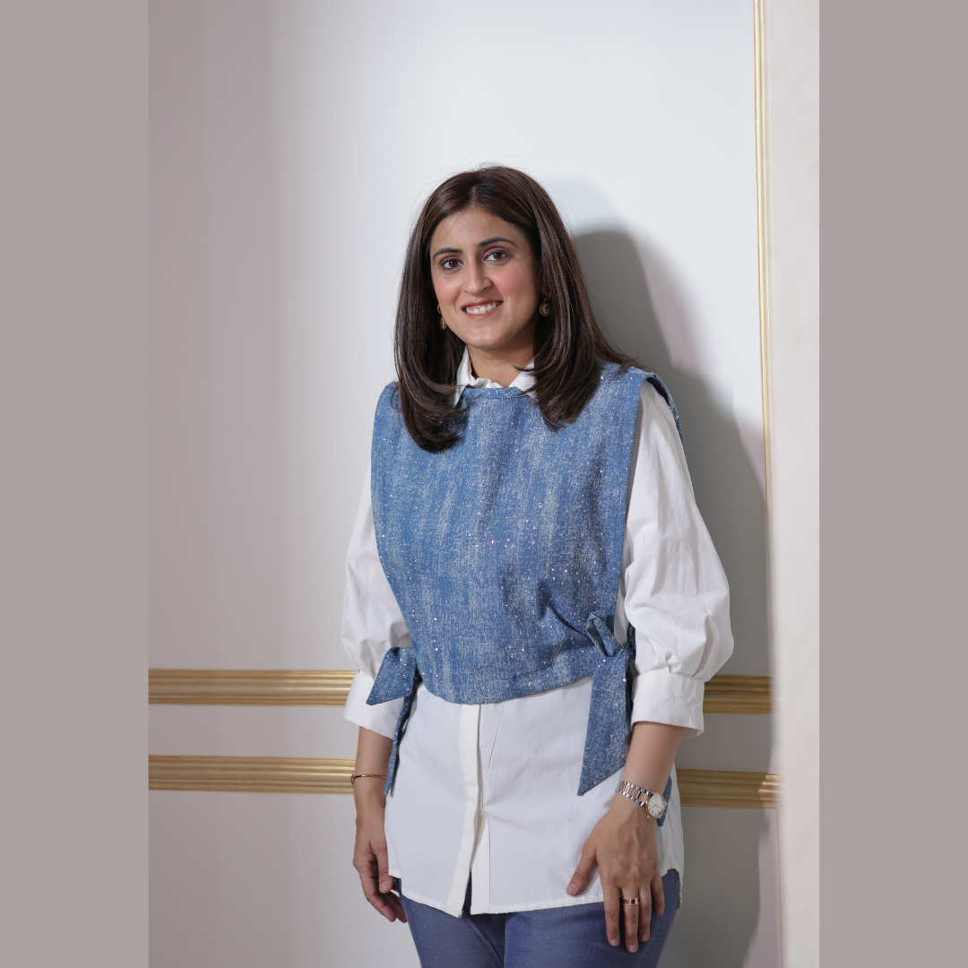 Embellished Denim Waist Jacket with White
