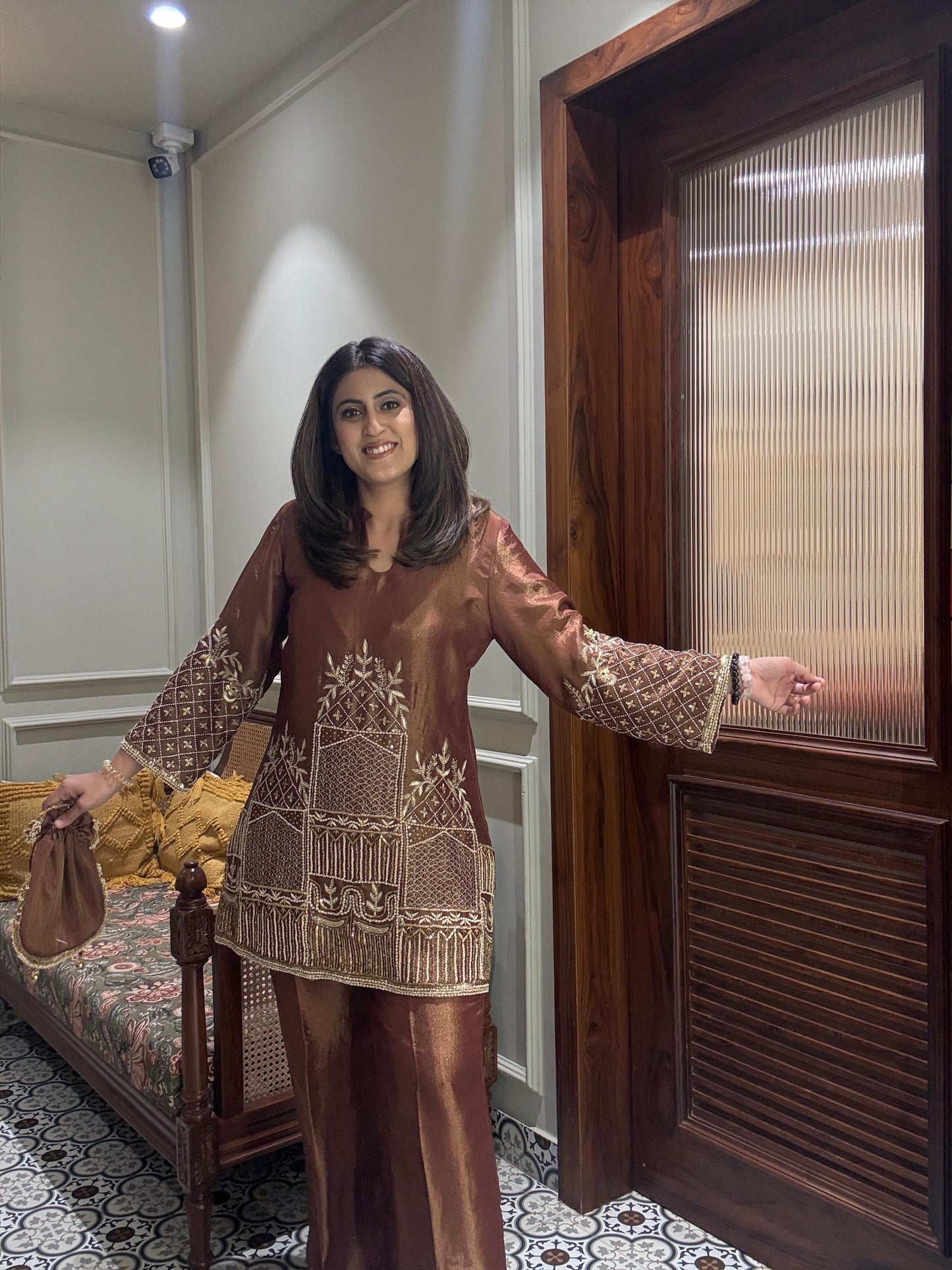 Brown tissue hand embroidered co-ord set