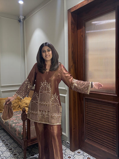 Brown tissue hand embroidered co-ord set