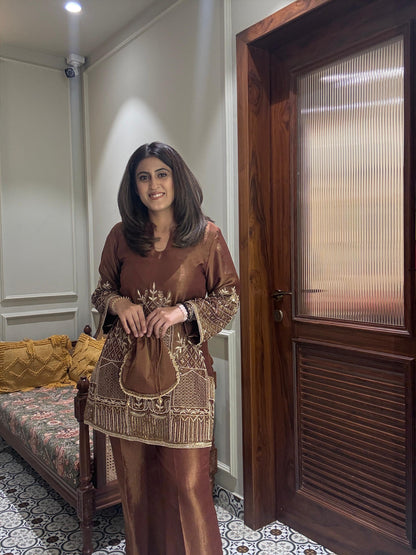Brown tissue hand embroidered co-ord set