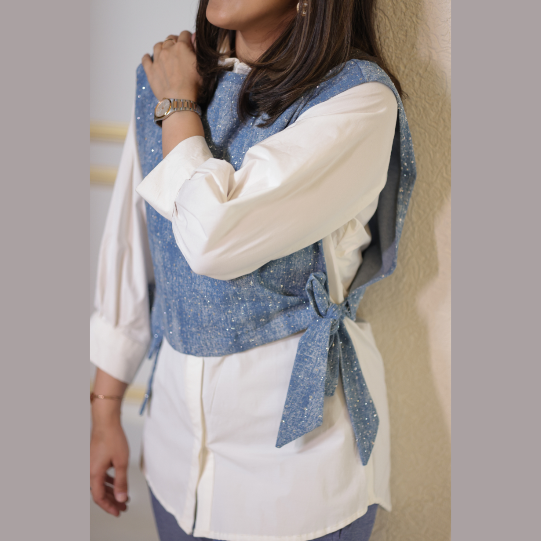 Embellished Denim Waist Jacket with White