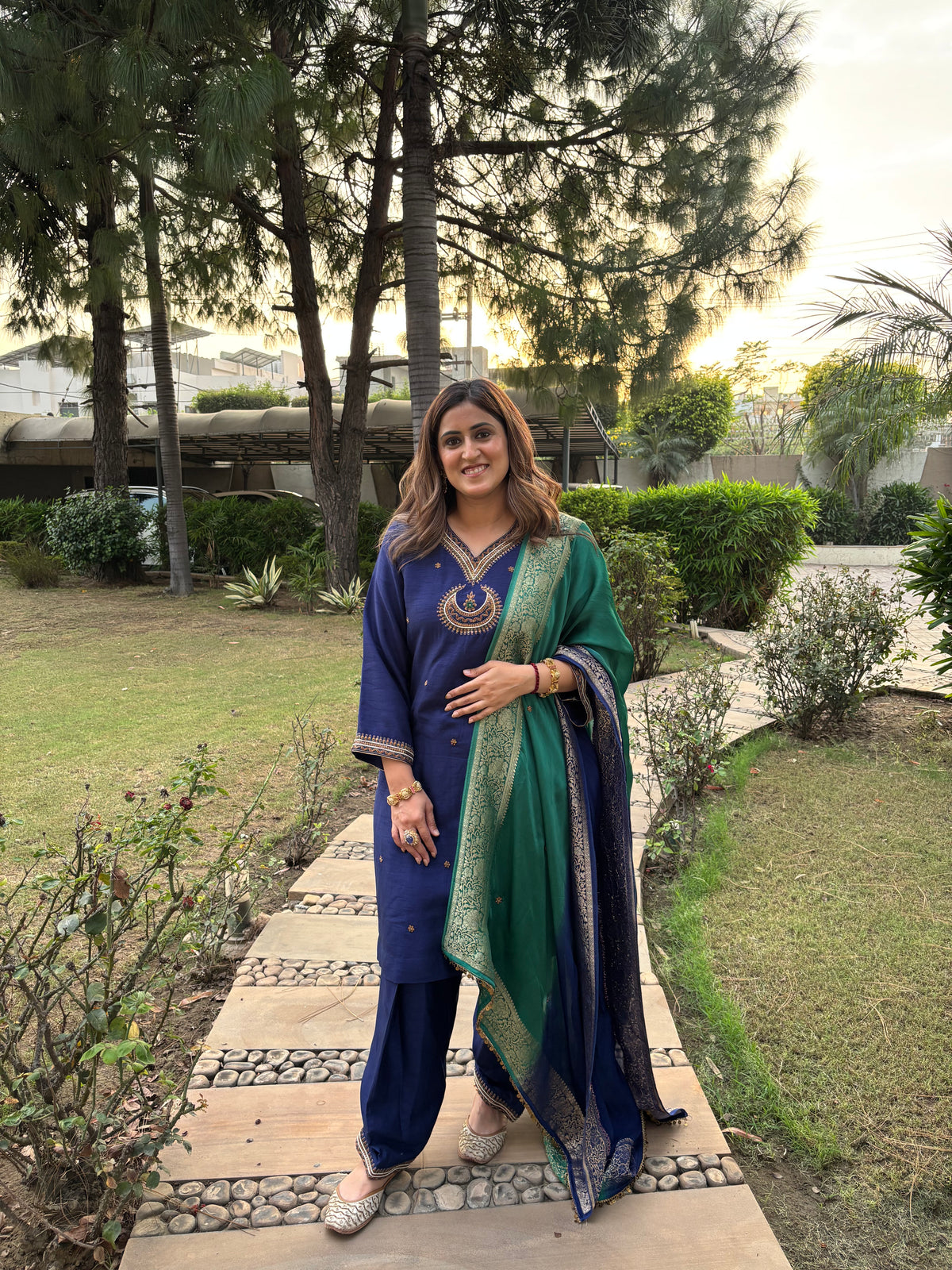 Navy Blue & Emerald Green Embroidered Suit Set