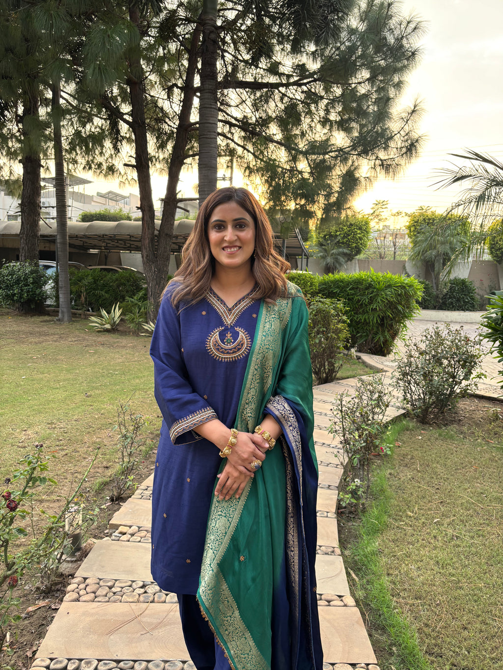 Navy Blue & Emerald Green Embroidered Suit Set