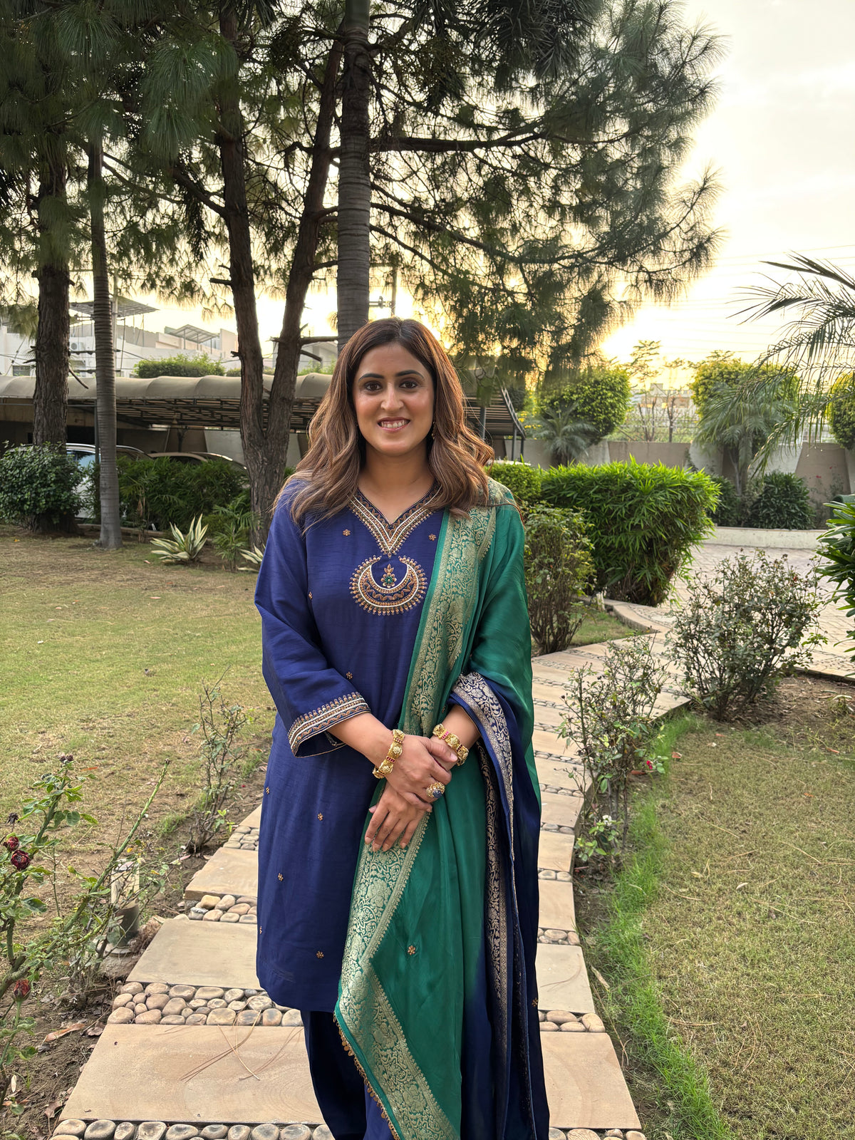 Navy Blue & Emerald Green Embroidered Suit Set