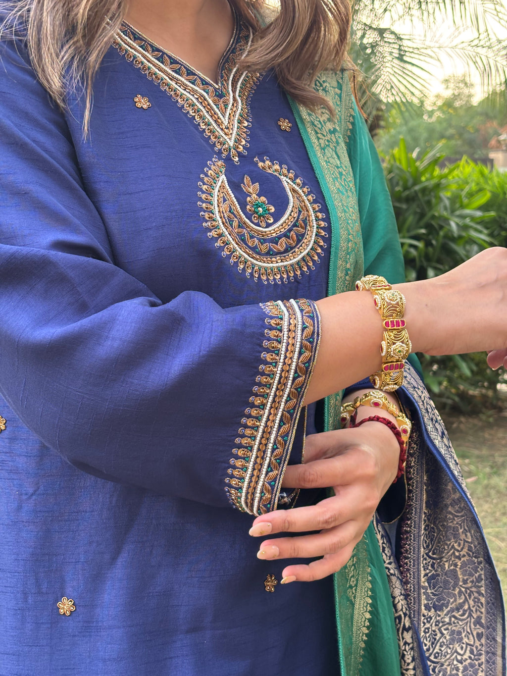 Navy Blue & Emerald Green Embroidered Suit Set
