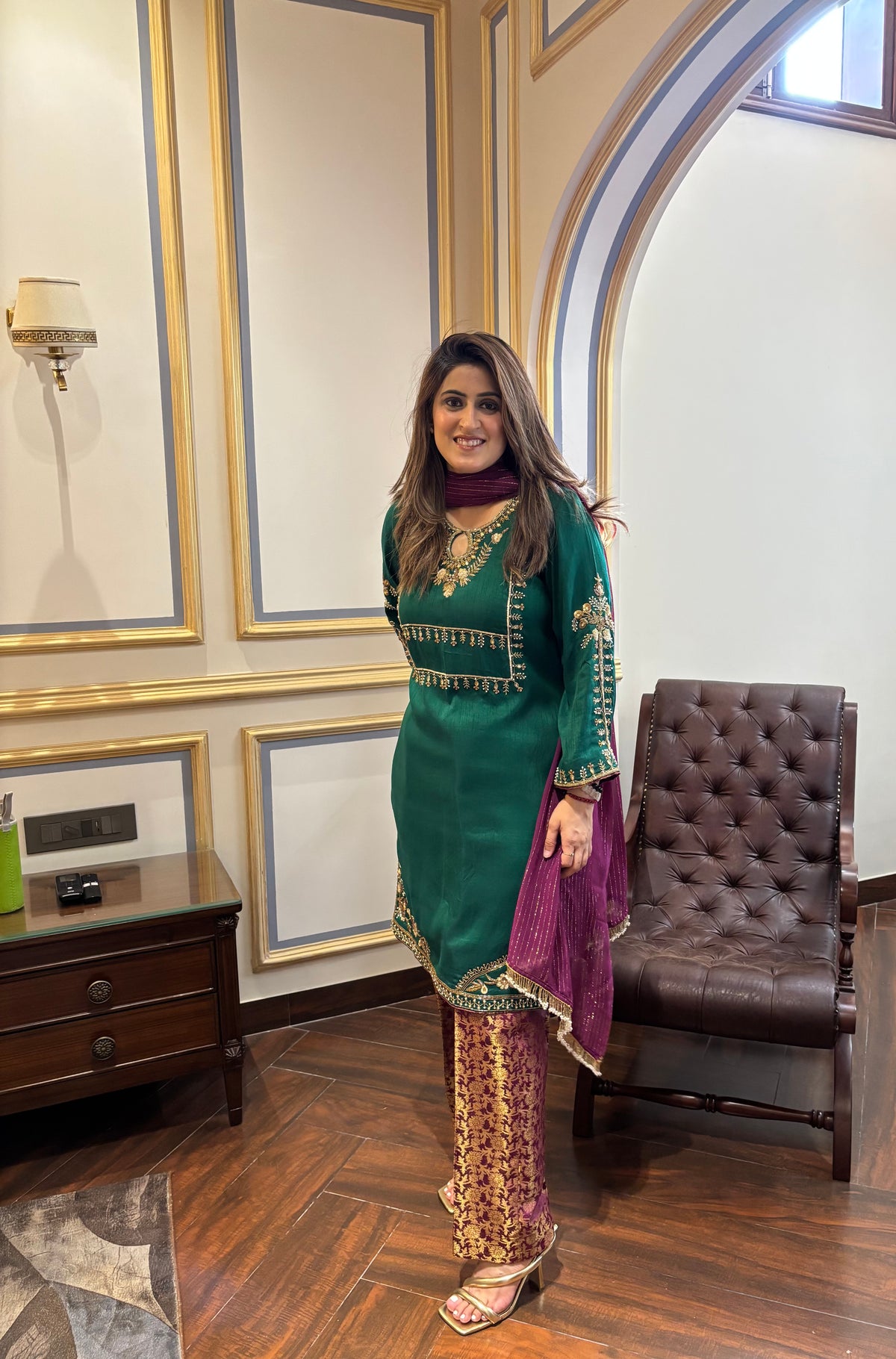 Green Kurta Set with Brocade Pants