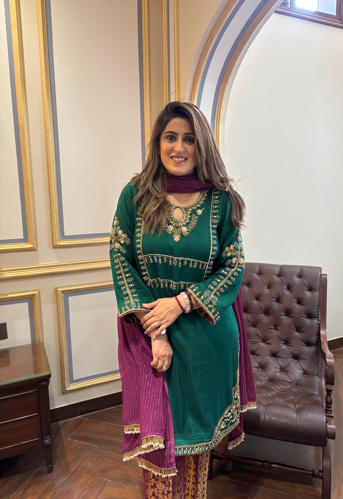 Green Kurta Set with Brocade Pants