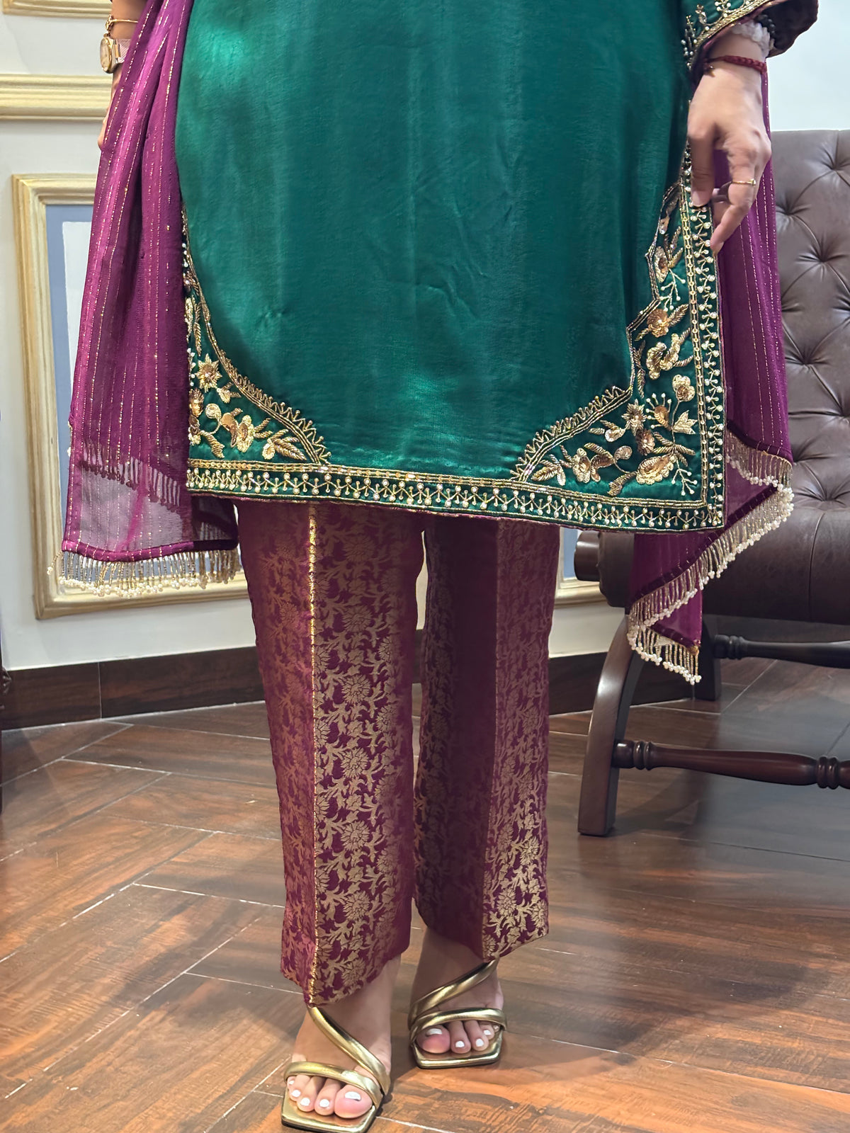 Green Kurta Set with Brocade Pants