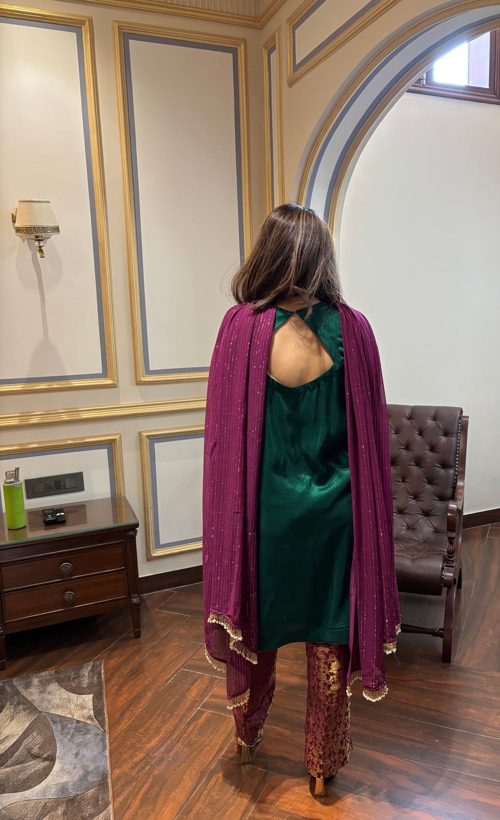 Green Kurta Set with Brocade Pants
