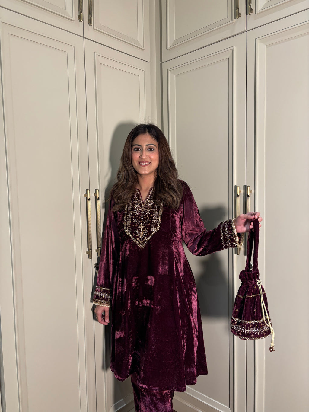 Zareen Wine Velvet Suit Set