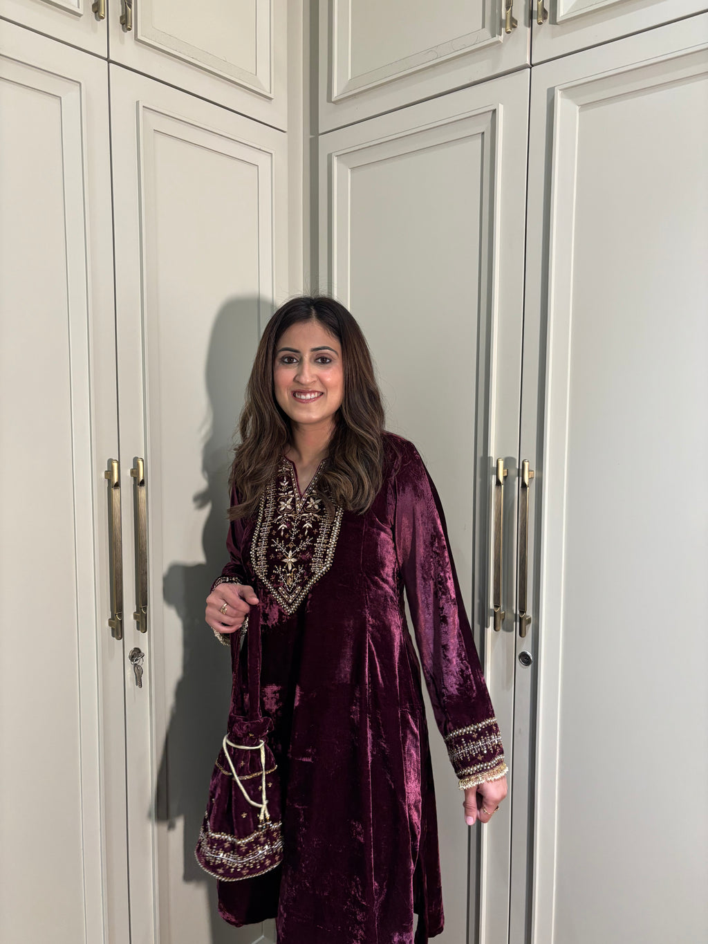 Zareen Wine Velvet Suit Set