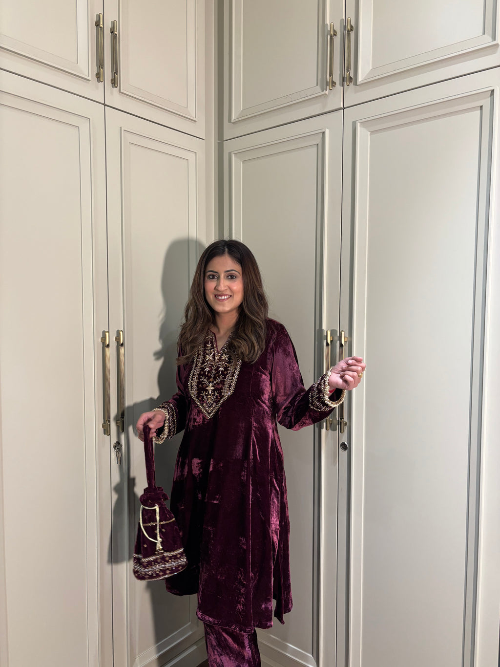 Zareen Wine Velvet Suit Set