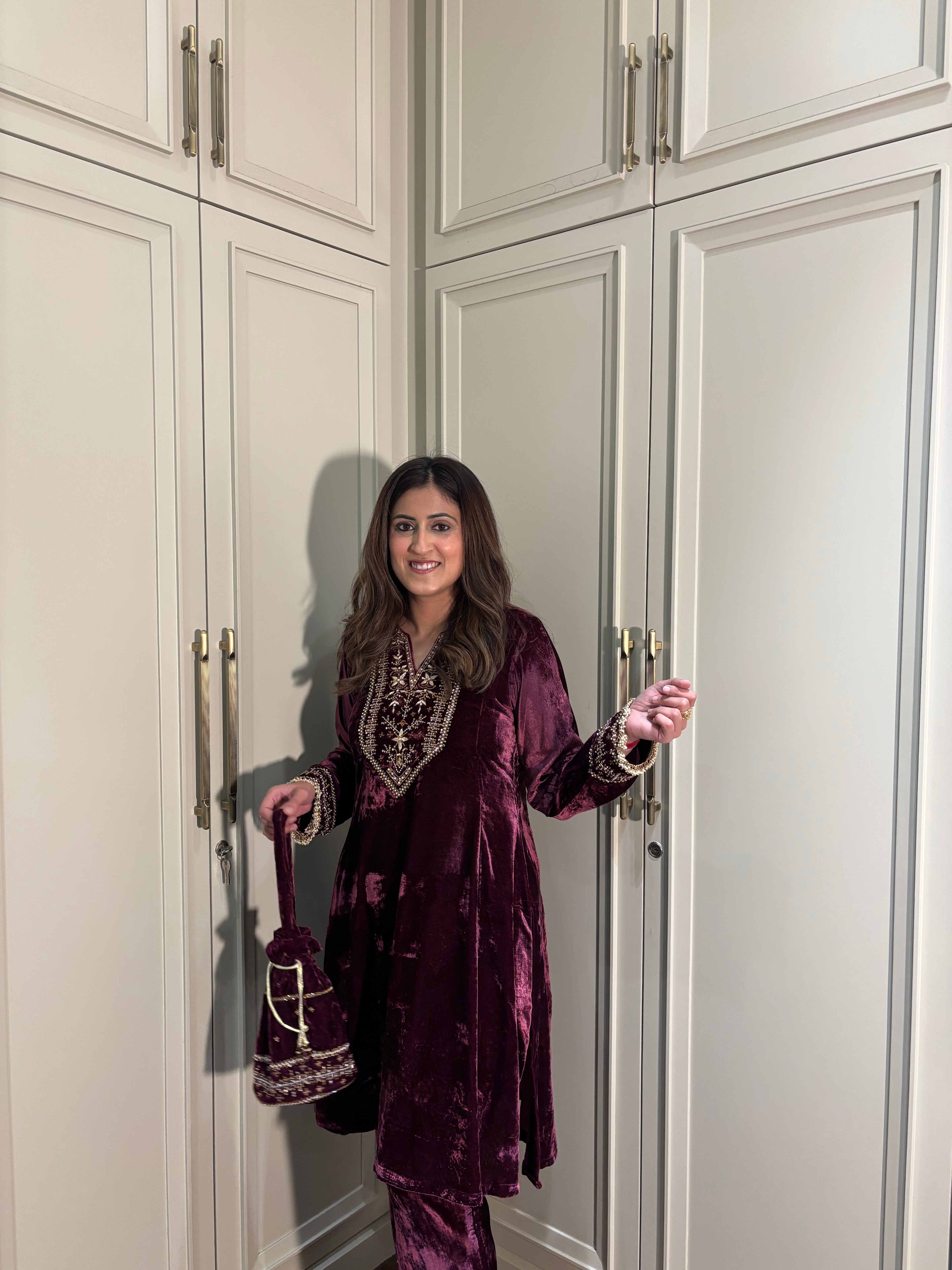 Zareen Wine Velvet Suit Set