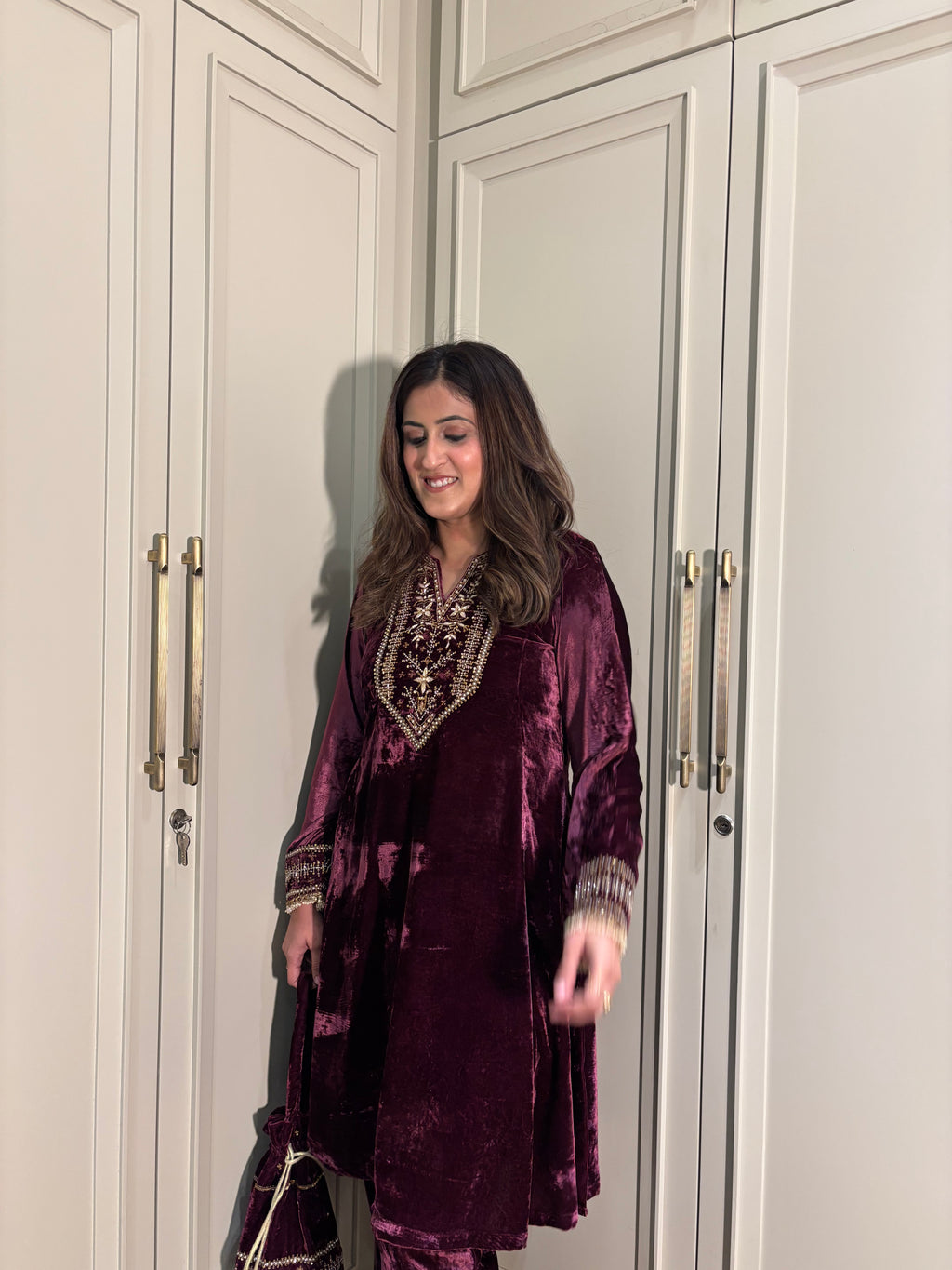 Zareen Wine Velvet Suit Set