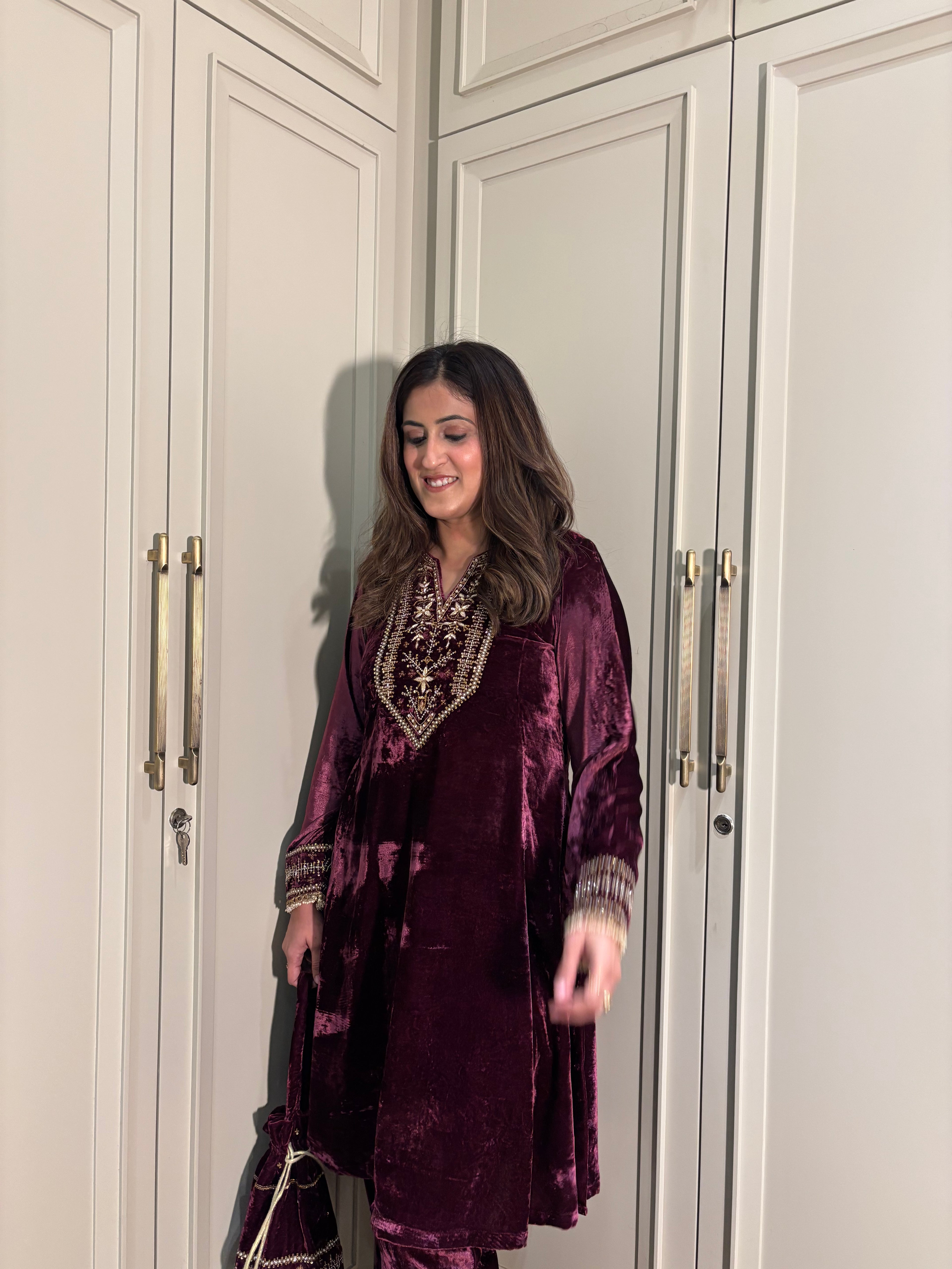 Zareen Wine Velvet Suit Set