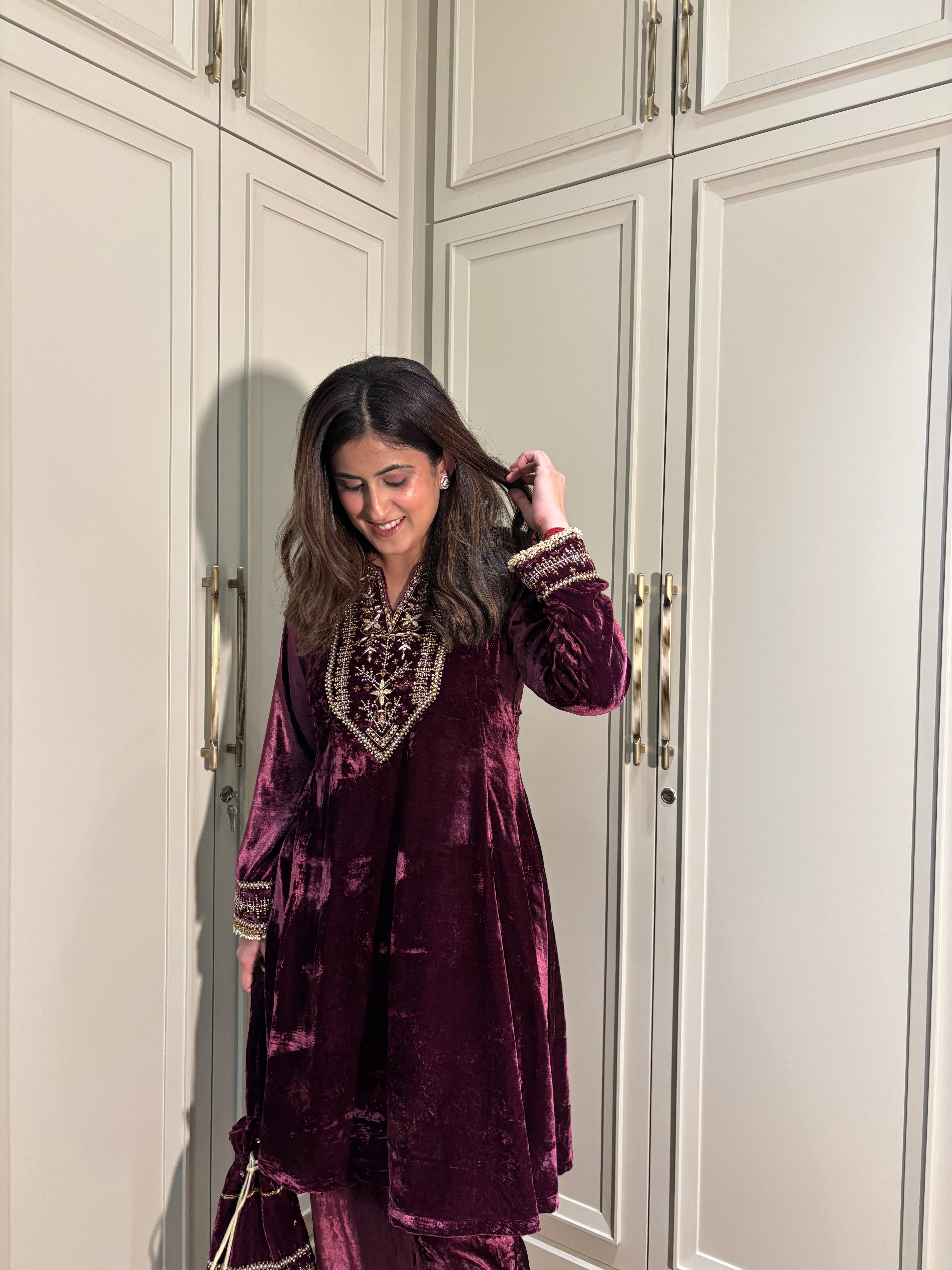 Zareen Wine Velvet Suit Set